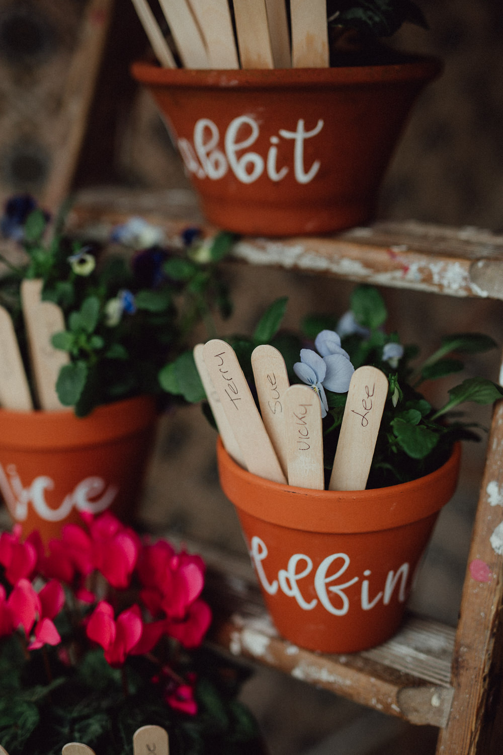 Seating Plan Table Chart Wooden Ladder Terracotta Pot Plants Sticks Oxleaze Barn Wedding Emily and Steve Photography