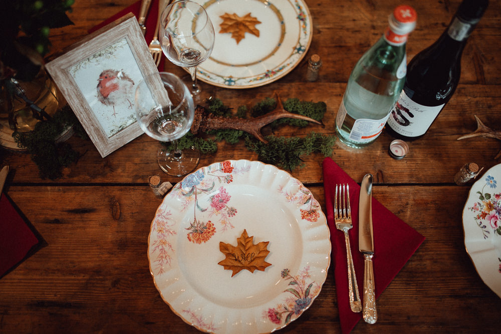 Moss Antler Table Candles Pumpkins Autumn Decor Oxleaze Barn Wedding Emily and Steve Photography