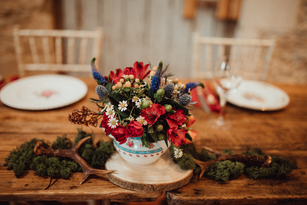Tea Pot Cup Flowers Autumn Antlers Moss Log Slice Rustic Oxleaze Barn Wedding Emily and Steve Photography