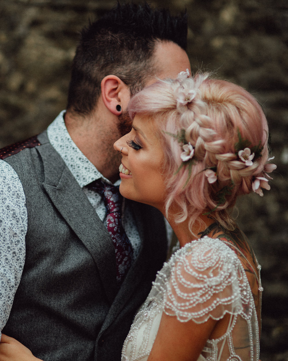 Make Up Hair Bride Bridal Pink Plait Braid Flowers Oxleaze Barn Wedding Emily and Steve Photography