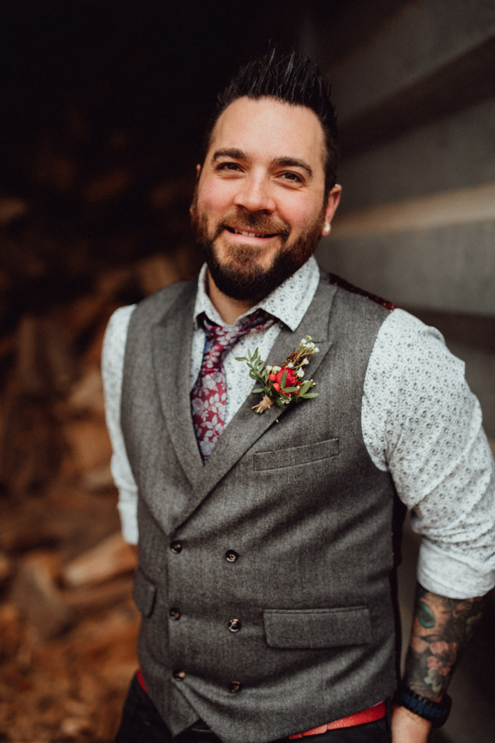 Groom Tweed Jacket Waistcoat Chinos Tie Mismatched Oxleaze Barn Wedding Emily and Steve Photography