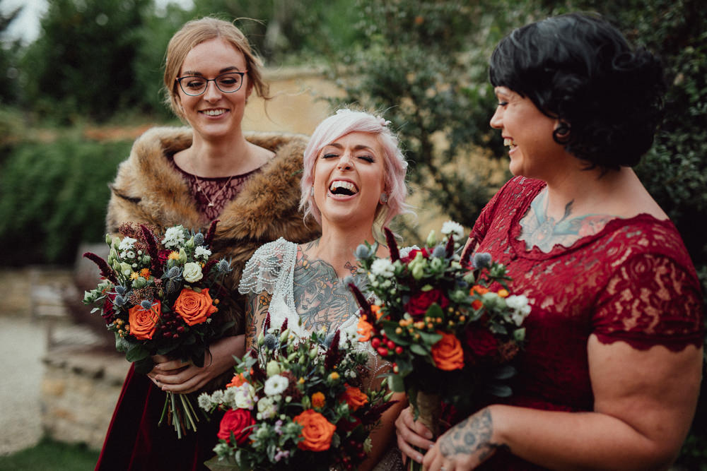 Burgundy Lace Dresses Bridesmaids Oxleaze Barn Wedding Emily and Steve Photography