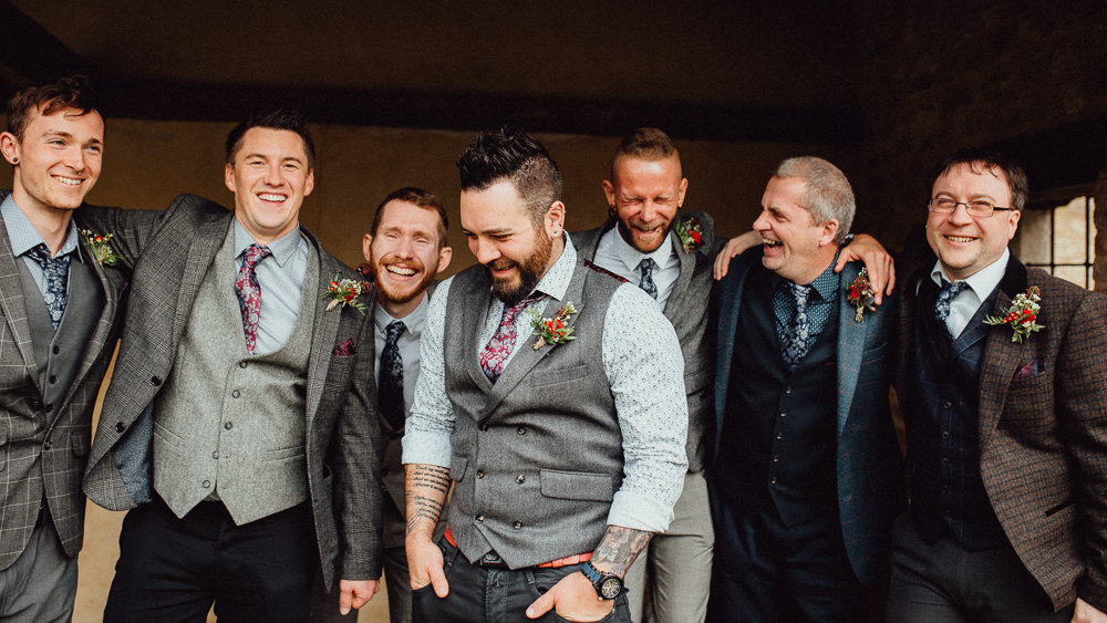 Groom Tweed Jacket Waistcoat Chinos Tie Mismatched Groomsmen Oxleaze Barn Wedding Emily and Steve Photography