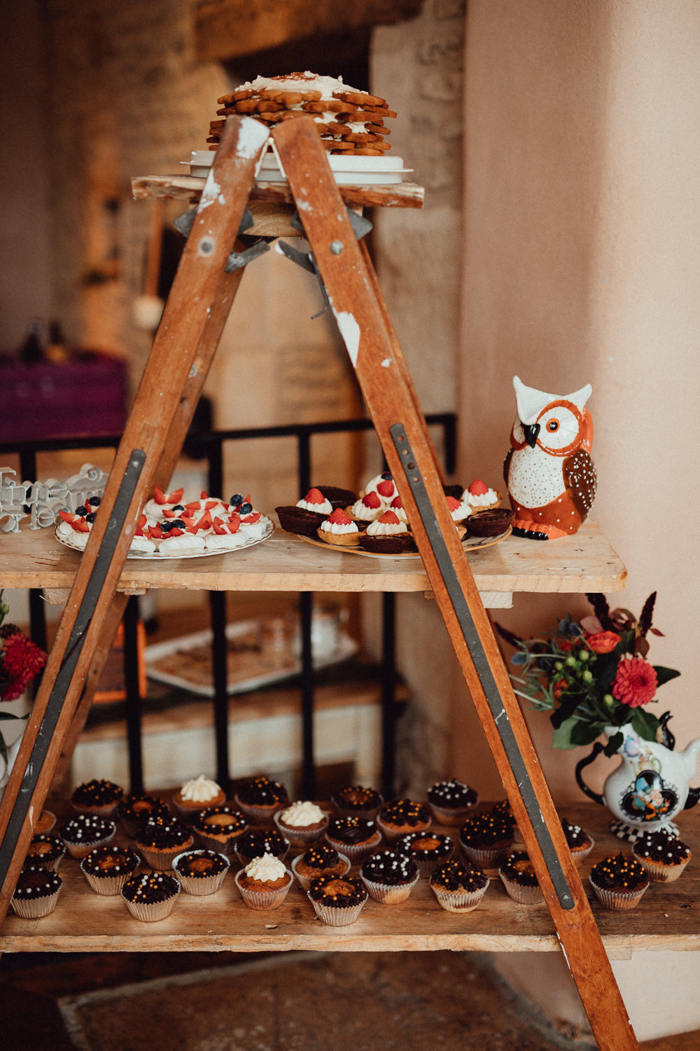Wooden Ladder Dessert Table Cupcakes Oxleaze Barn Wedding Emily and Steve Photography