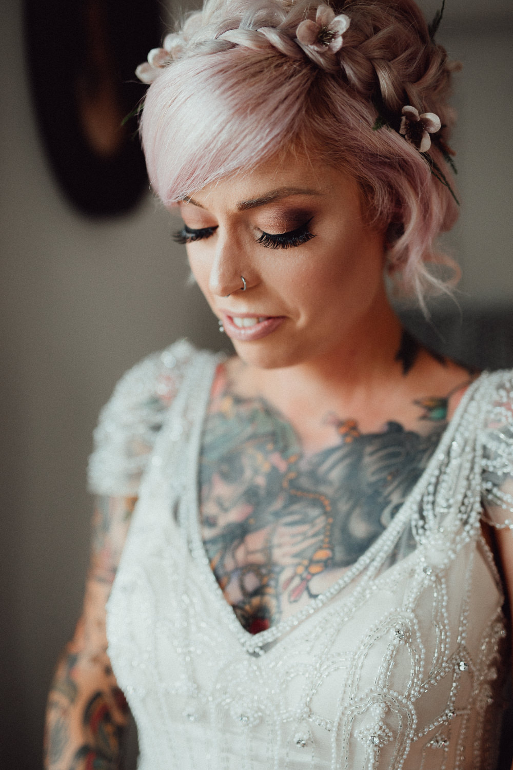 Make Up Hair Bride Bridal Pink Plait Braid Flowers Oxleaze Barn Wedding Emily and Steve Photography
