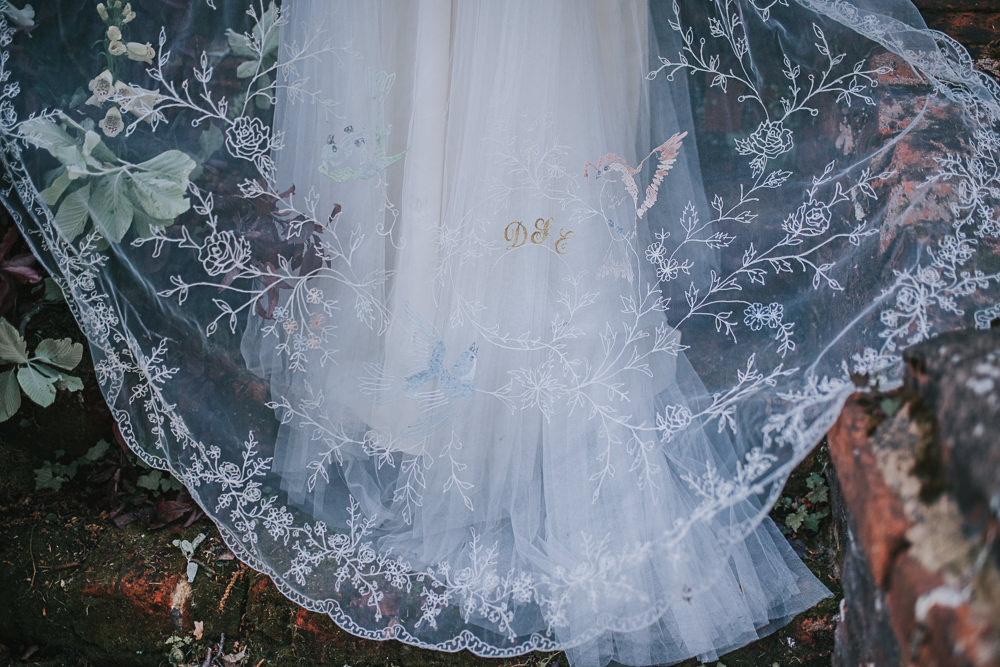 Embroidered Floral Veil Lace Initials River Romance Wedding Ideas Mindy Coe Photography