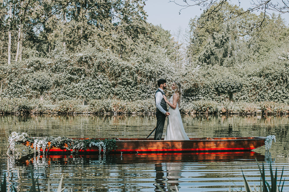 Secret Dresshouse Ethereal Bride Bridal Gown Bow Tie Groom Waistcoat Silk Foliage Flower Florals River Romance Wedding Ideas Mindy Coe Photography