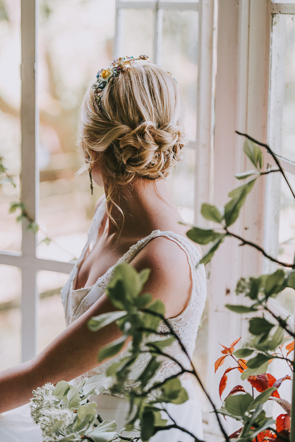 Hair Style Up Do Bride Bridal Plait Hairpiece Floral River Romance Wedding Ideas Mindy Coe Photography