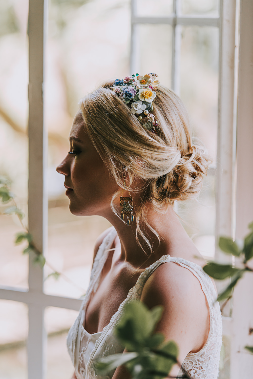 Bride Bridal Up Do Plait Hairstyle Floral Hairpiece River Romance Wedding Ideas Mindy Coe Photography