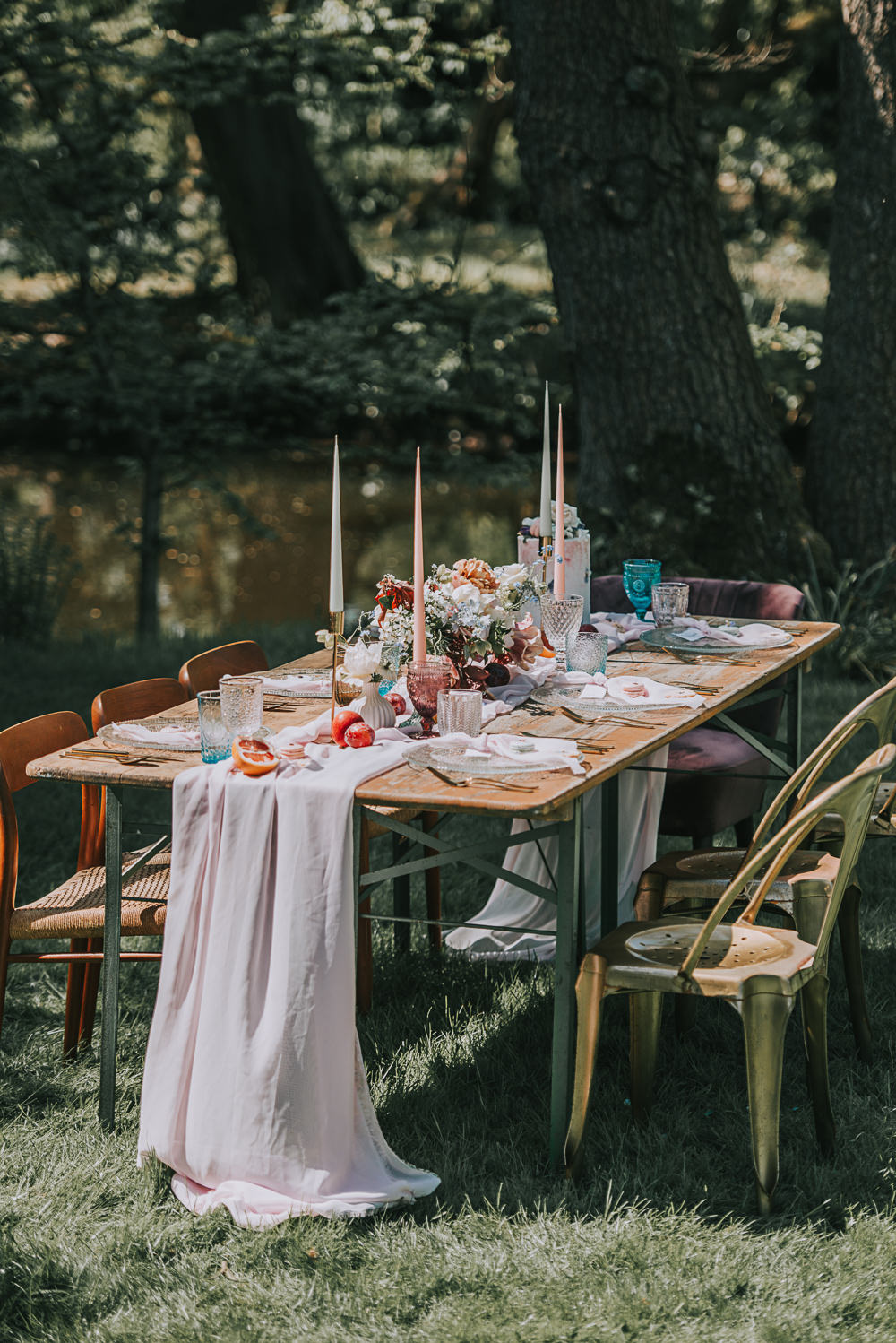 Tablescape Gold Chair Chiffon Table Runner Taper Candles River Romance Wedding Ideas Mindy Coe Photography