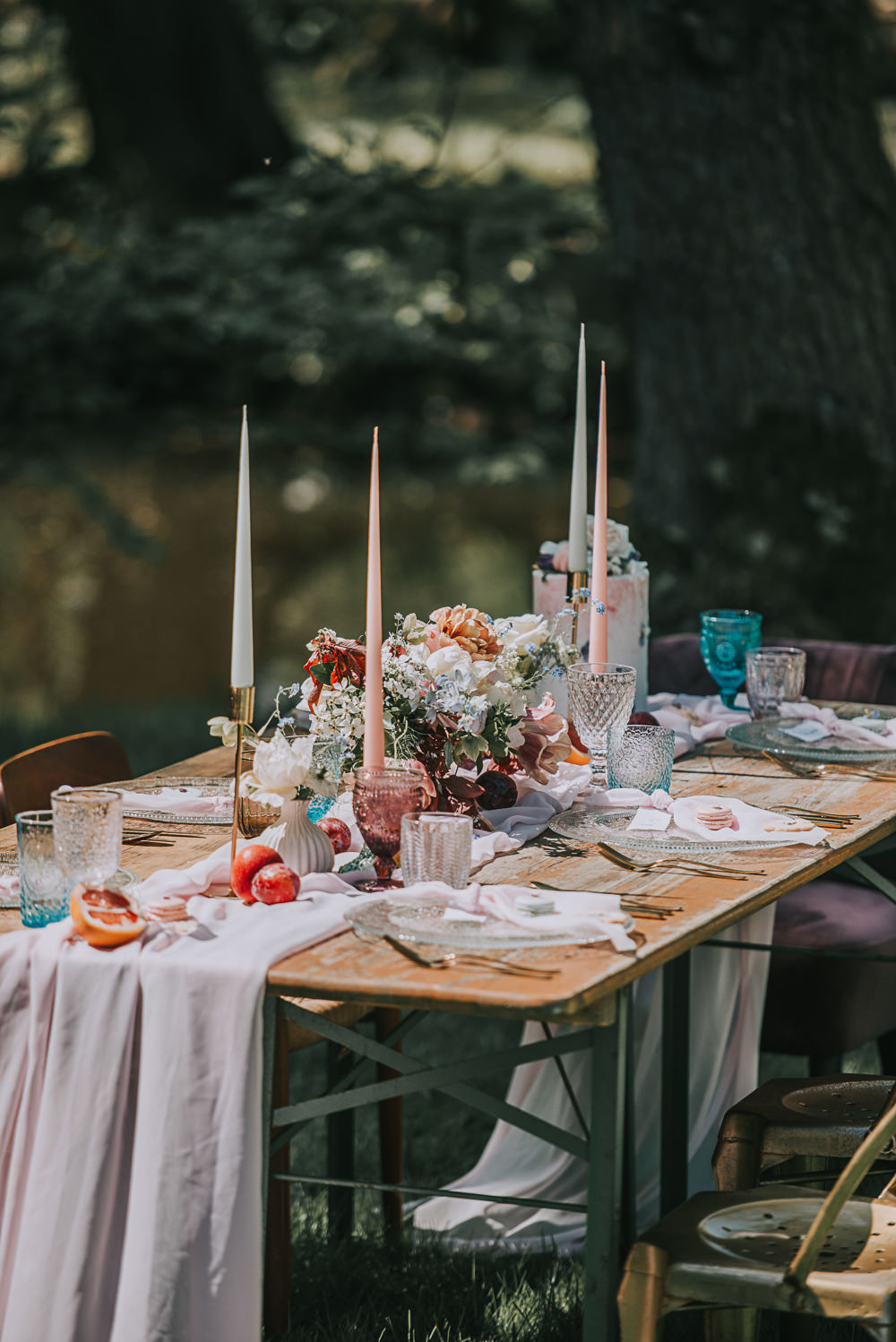 Tablescape Gold Chair Chiffon Table Runner Taper Candles Coloured Cut Glass River Romance Wedding Ideas Mindy Coe Photography