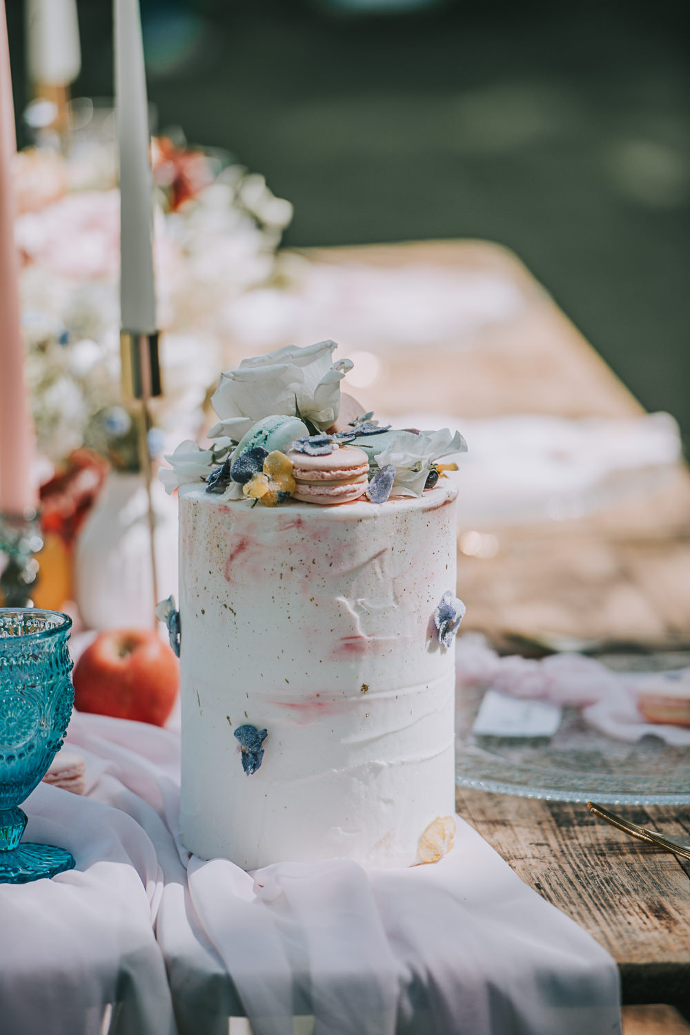 Cake Airbrush Macaron Blush Petal Floral River Romance Wedding Ideas Mindy Coe Photography