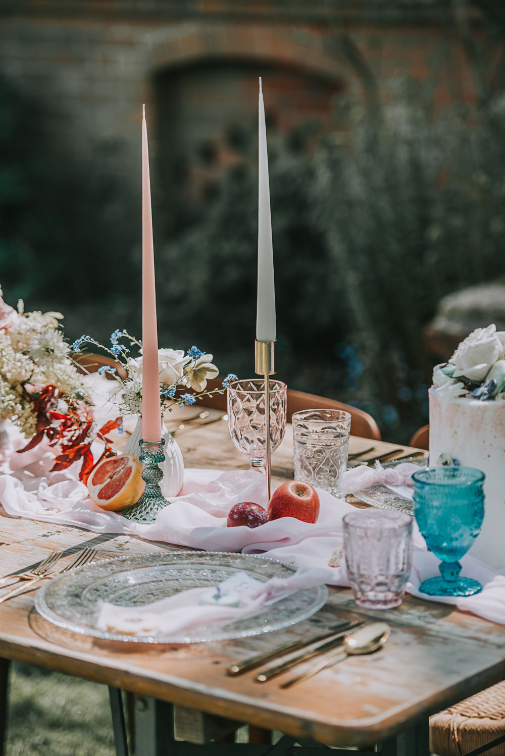 Tablescape Gold Chair Chiffon Table Runner Taper Candles River Romance Wedding Ideas Mindy Coe Photography