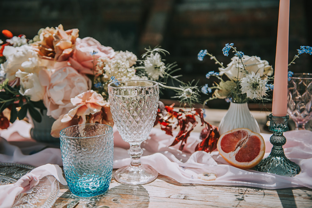 Tablescape Gold Chair Chiffon Table Runner Taper Candles Flowers Floral Coloured Cut Glass River Romance Wedding Ideas Mindy Coe Photography