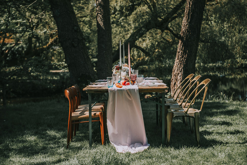 Tablescape Gold Chair Chiffon Table Runner Taper Candles River Romance Wedding Ideas Mindy Coe Photography