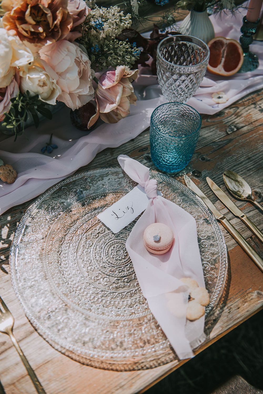 Tablescape Gold Chair Chiffon Table Runner Taper Candles Glass Charger Plate Macaron Modern Calligraphy Tag River Romance Wedding Ideas Mindy Coe Photography