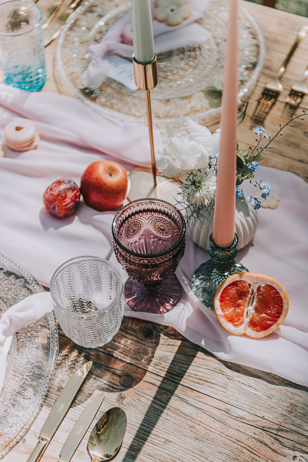 Tablescape Gold Chair Chiffon Table Runner Taper Candles Cut Coloured Glass River Romance Wedding Ideas Mindy Coe Photography