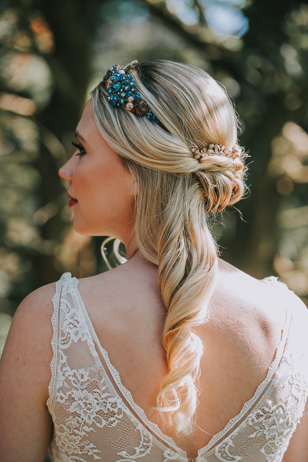 Crown Tiara Blue Jewels Half Up Do Hairstyle River Romance Wedding Ideas Mindy Coe Photography