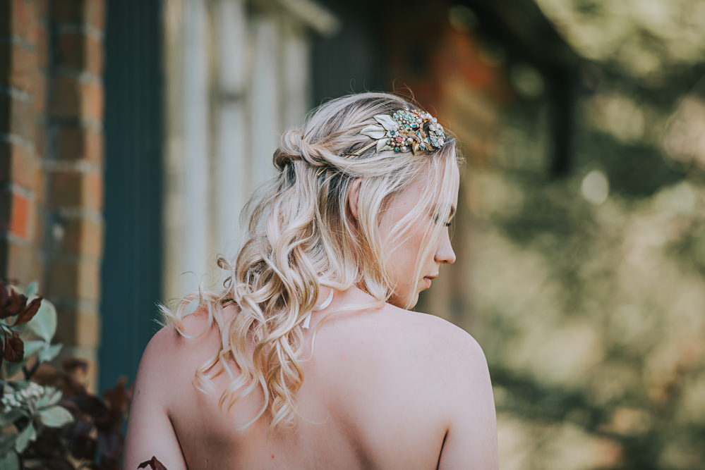 Undone Hair Loose Waves Plait Bride Bridal Hairpiece Leaf Floral River Romance Wedding Ideas Mindy Coe Photography