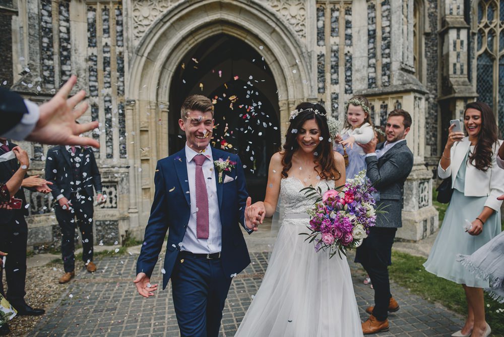 Bride Bridal Strapless Lace Blue Dress Gown M&S Navy Blue Groom Pink Bouquet Veil Pink Tie Rustic Barn Wedding Georgia Rachael Photography