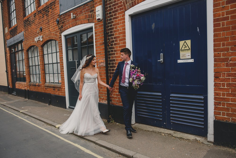 Bride Bridal Strapless Lace Blue Dress Gown M&S Navy Blue Groom Pink Bouquet Veil Pink Tie Rustic Barn Wedding Georgia Rachael Photography