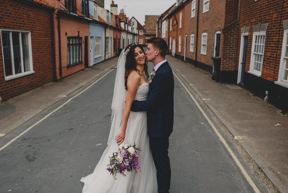 Bride Bridal Strapless Lace Blue Dress Gown M&S Navy Blue Groom Pink Bouquet Veil Rustic Barn Wedding Georgia Rachael Photography