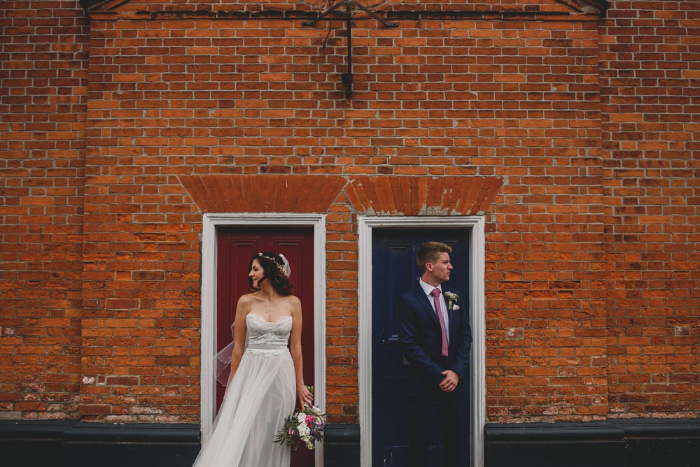 Bride Bridal Strapless Lace Blue Dress Gown M&S Navy Blue Groom Pink Bouquet Veil Rustic Barn Wedding Georgia Rachael Photography