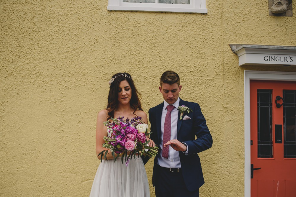 Bride Bridal Strapless Lace Blue Dress Gown M&S Navy Blue Groom Pink Bouquet Veil Rustic Barn Wedding Georgia Rachael Photography