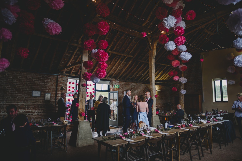 Pink White Tissue Pom Poms Decor Fairy Lights Rustic Barn Wedding Georgia Rachael Photography