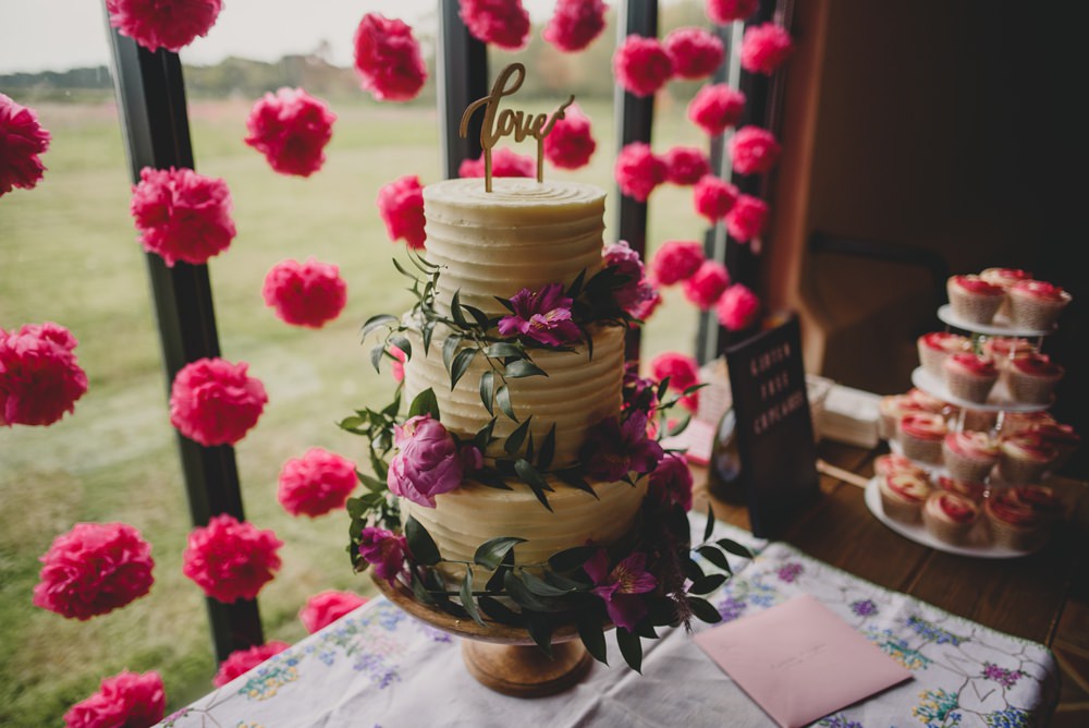 Buttercream Cake Pink Flowers Tissue Pom Poms Rustic Barn Wedding Georgia Rachael Photography
