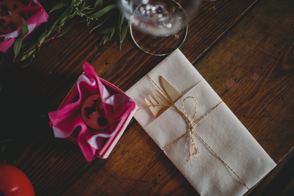 Table Setting Wooden Cutlery Favour Box Rustic Barn Wedding Georgia Rachael Photography