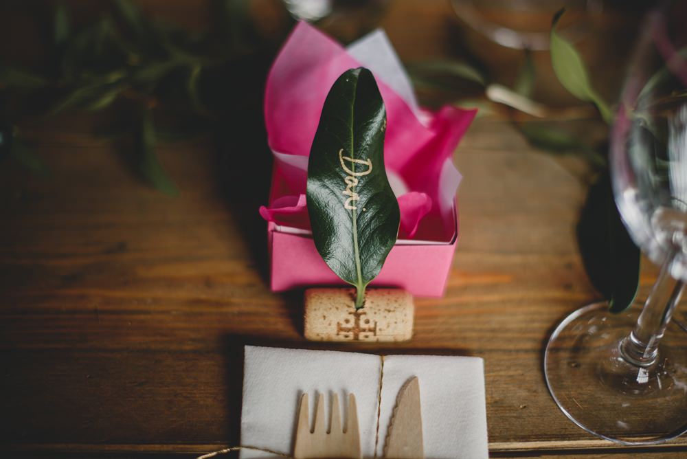Place Setting Card Leaf Gold Writing Cork Rustic Barn Wedding Georgia Rachael Photography