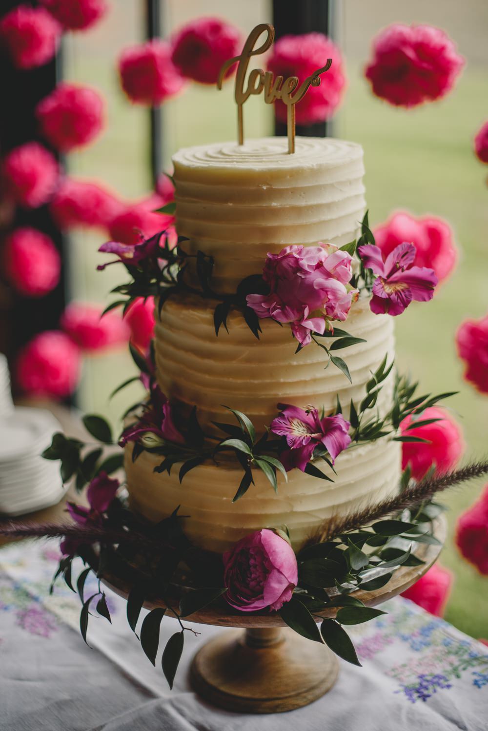 Buttercream Cake Tiered Pink Flowers Wooden Stand Rustic Barn Wedding Georgia Rachael Photography