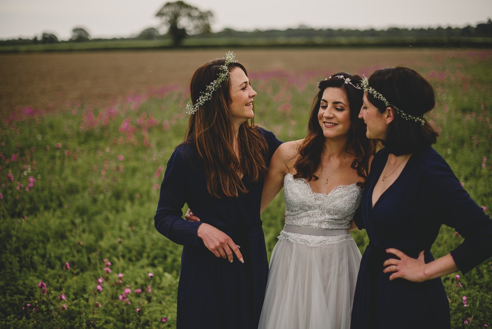 Bride Bridal Strapless Lace Blue Dress Gown Hairpiece Gypsophila Crown Navy Blue Bridesmaids Rustic Barn Wedding Georgia Rachael Photography