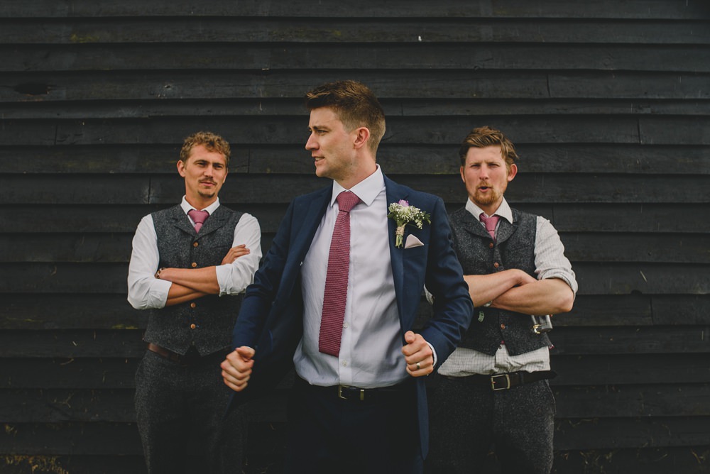 M&S Navy Blue Groom Pink Tie Groomsmen Tweed Grey Waistcoats Rustic Barn Wedding Georgia Rachael Photography