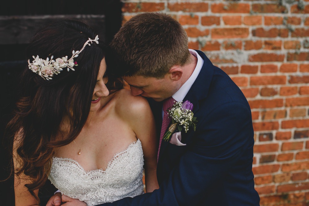 Bride Bridal Strapless Lace Blue Dress Gown M&S Navy Blue Groom Pink Tie Hairpiece Hair Vine Rustic Barn Wedding Georgia Rachael Photography