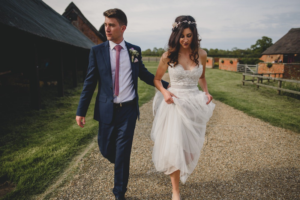 Bride Bridal Strapless Lace Blue Dress Gown M&S Navy Blue Groom Pink Tie Hair Vine Rustic Barn Wedding Georgia Rachael Photography