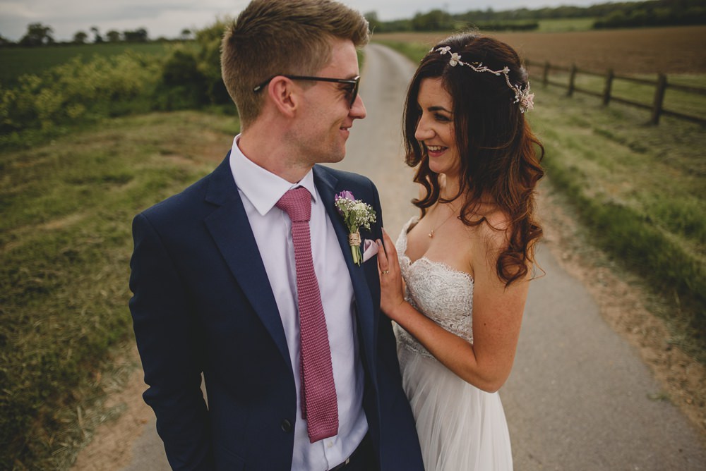 Bride Bridal Strapless Lace Blue Dress Gown M&S Navy Blue Groom Pink Tie Hair Vine Rustic Barn Wedding Georgia Rachael Photography