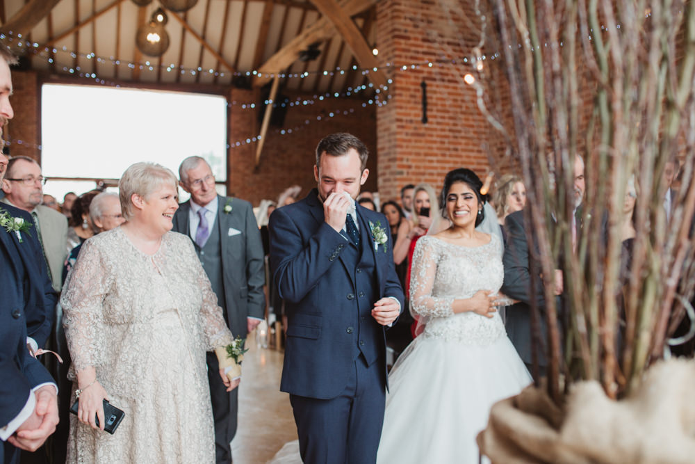 Lace Long Sleeve Dress Embellished A Line Veil Hair Piece Jewelled Diamante Navy Three Piece Suit Waistcoat Groom Southwood Hall Wedding Emily Tyler Photography