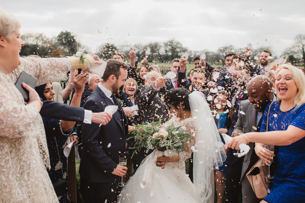 Lace Long Sleeve Dress Embellished A Line Veil Hair Piece Jewelled Diamante Navy Three Piece Suit Waistcoat Groom Confetti Southwood Hall Wedding Emily Tyler Photography