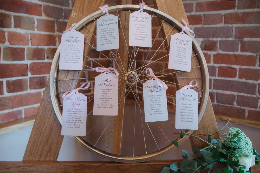Bike Wheel Table Plan Seating Chart Ribbon Tag Southwood Hall Wedding Emily Tyler Photography
