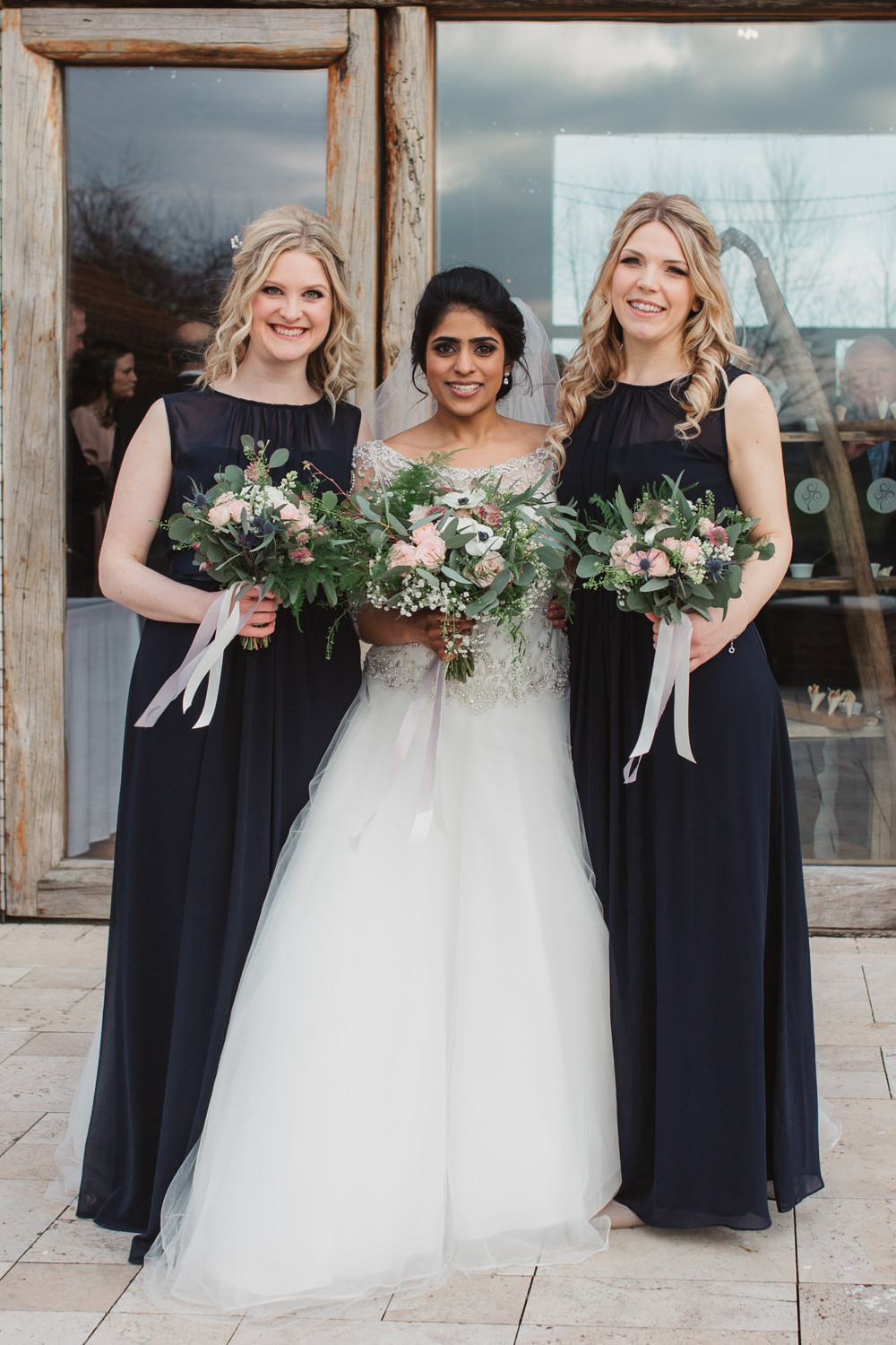 Lace Long Sleeve Dress Embellished A Line Veil Hair Piece Jewelled Diamante Navy Bridesmaids Anemone Eucalyptus Gypsophila Bouquet Ribbon Southwood Hall Wedding Emily Tyler Photography