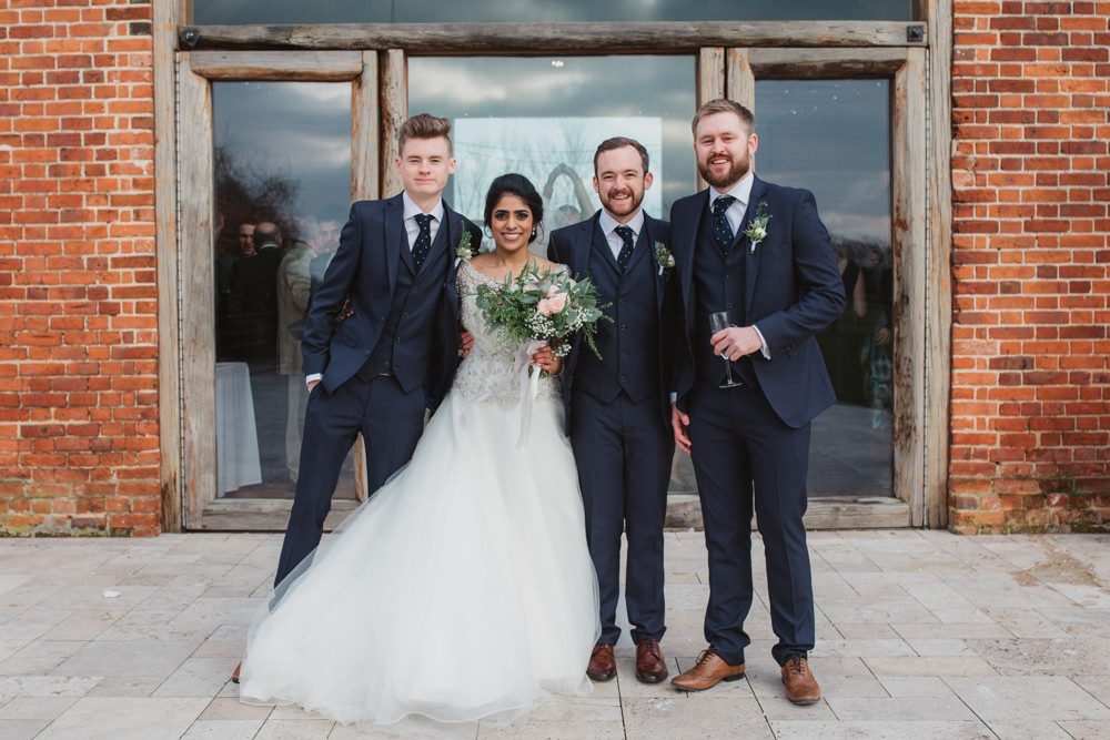 Bride Bridal Lace Long Sleeve Dress Embellished A Line Veil Hair Piece Jewelled Diamante Navy Three Piece Suit Waistcoat Groom Groomsmen Southwood Hall Wedding Emily Tyler Photography