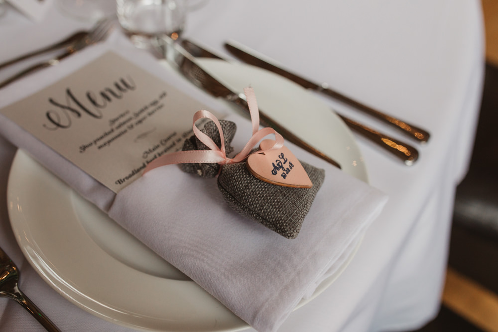 Place Setting Menu Modern Calligraphy Hessian Bag Wooden Heart Tag Southwood Hall Wedding Emily Tyler Photography