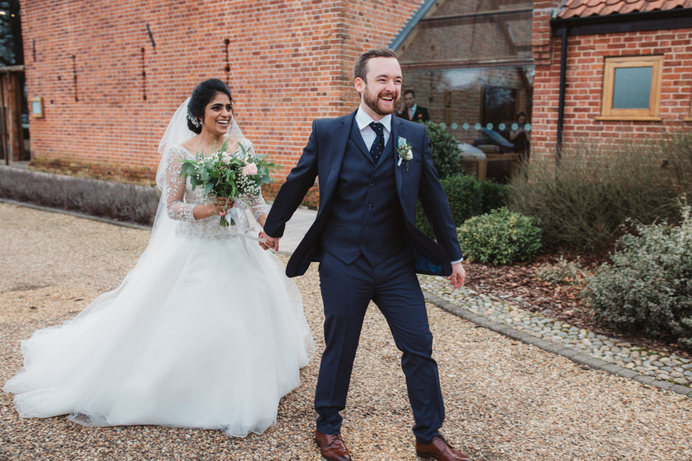 Bride Bridal Lace Long Sleeve Dress Embellished A Line Veil Hair Piece Jewelled Diamante Navy Three Piece Suit Waistcoat Groom Southwood Hall Wedding Emily Tyler Photography