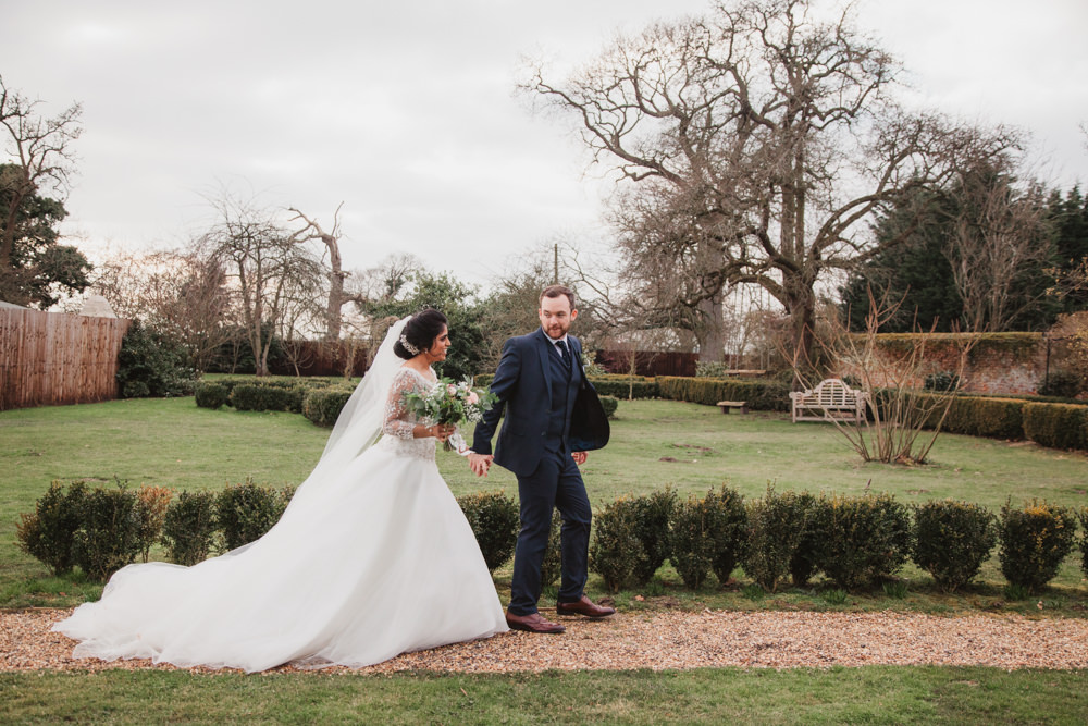Bride Bridal Lace Long Sleeve Dress Embellished A Line Veil Hair Piece Jewelled Diamante Navy Three Piece Suit Waistcoat Groom Southwood Hall Wedding Emily Tyler Photography