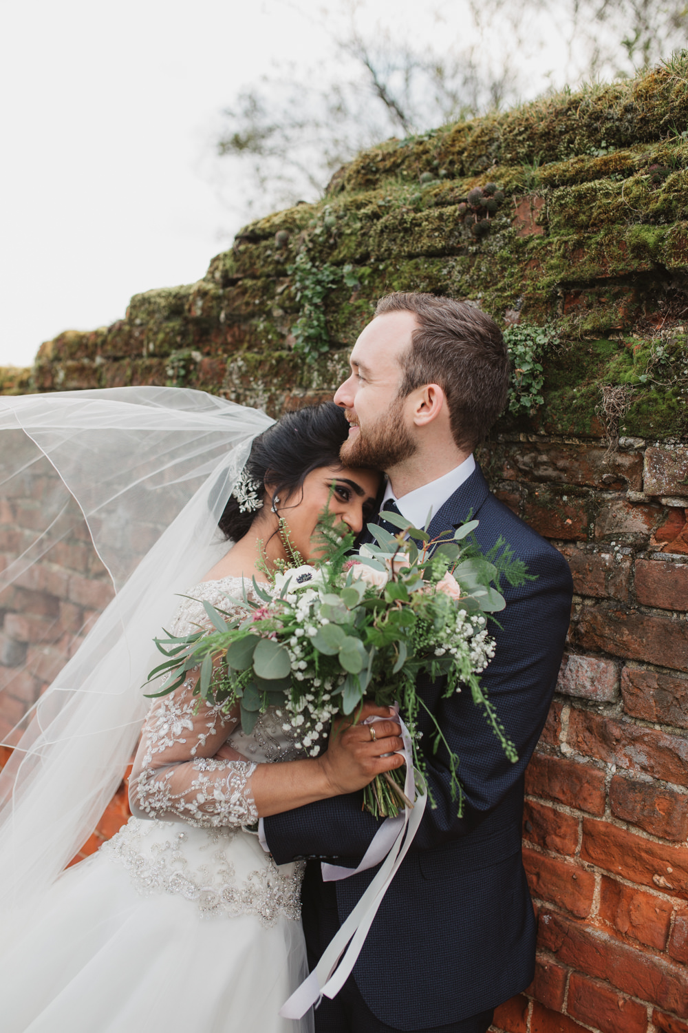 Bride Bridal Lace Long Sleeve Dress Embellished A Line Veil Hair Piece Jewelled Diamante Navy Three Piece Suit Waistcoat Groom Bouquet Eucalyptus Gypsophila Southwood Hall Wedding Emily Tyler Photography