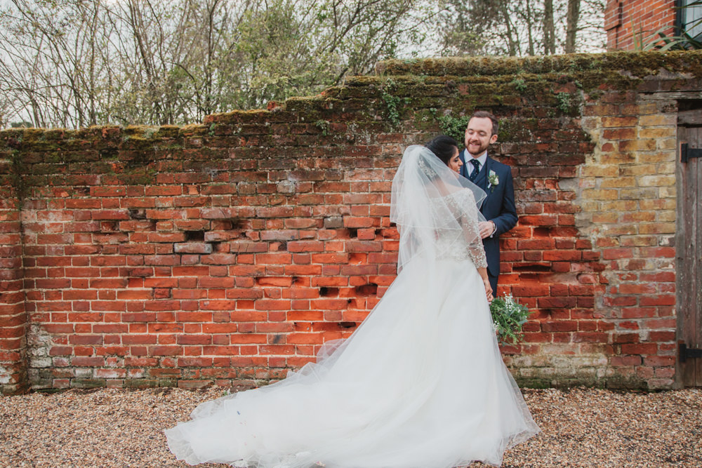 Bride Bridal Lace Long Sleeve Dress Embellished A Line Veil Hair Piece Jewelled Diamante Navy Three Piece Suit Waistcoat Groom Southwood Hall Wedding Emily Tyler Photography