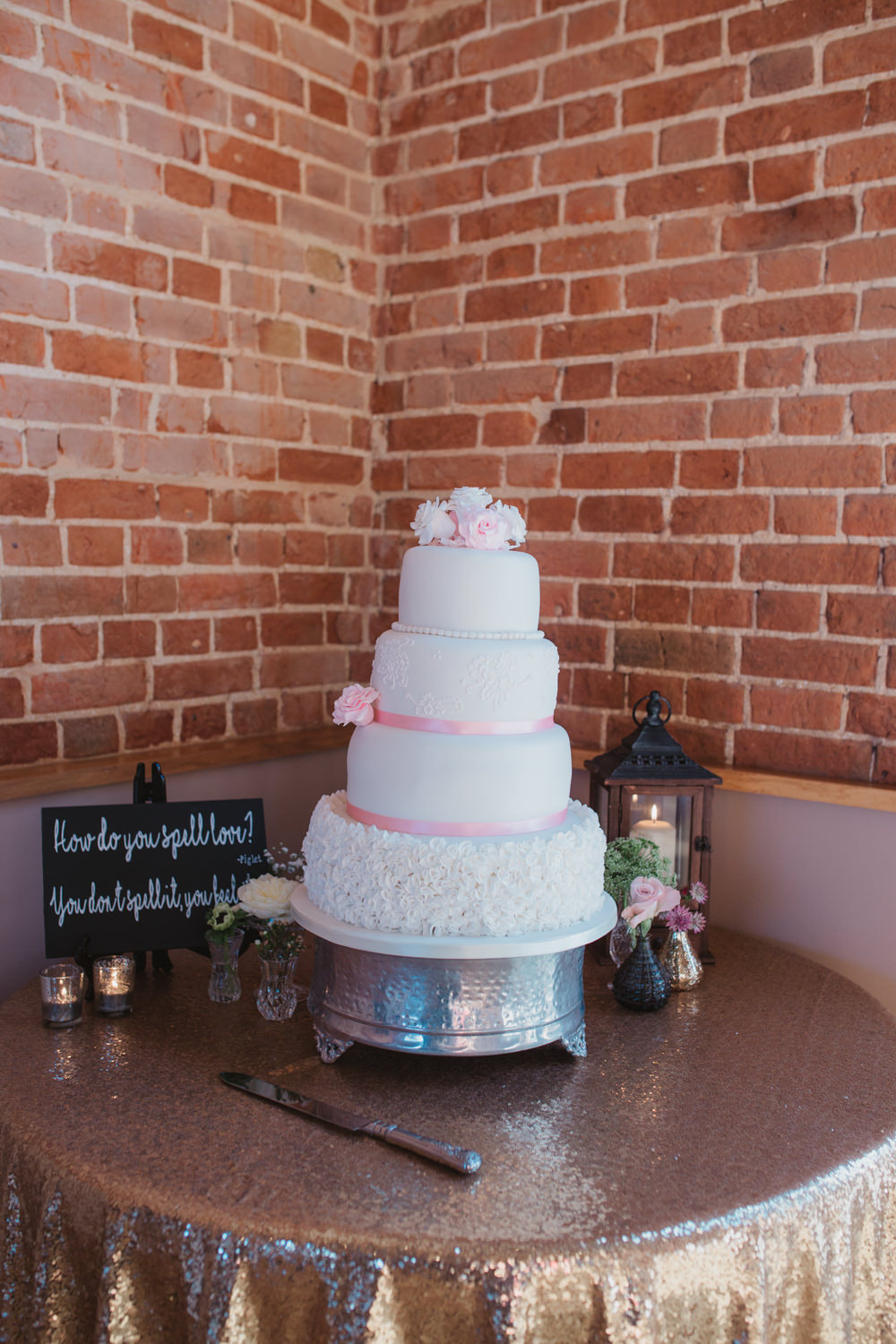 White Icing Cake Four Tier Pink Ribbon Rose Table Southwood Hall Wedding Emily Tyler Photography