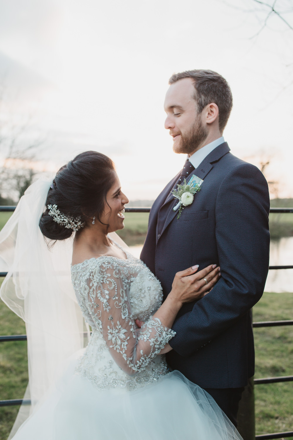 Bride Bridal Lace Long Sleeve Dress Embellished A Line Veil Hair Piece Jewelled Diamante Navy Three Piece Suit Waistcoat Groom Southwood Hall Wedding Emily Tyler Photography